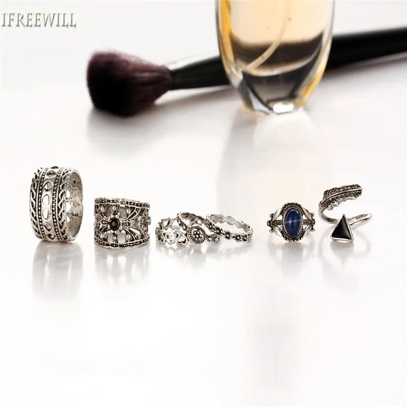 IFREEWILL Metal Woman ring Set Trendy 7 piece suit Blue Natural stone joint fashion Jewelry Wholesale Party Gift | Украшения и