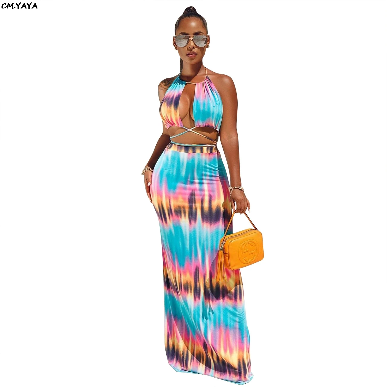 2019 new women summer tie dye galaxy print halter open back crop top maxi skirts suit two piece set long dress vestidos GLQ273 | Женская