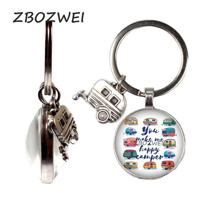 

Happy Camper Cute Travel Car Double Face Keychain Glass Cabochon Jewelry Glamping Goddess Traveler Gift Key Chain Pendant I Camp