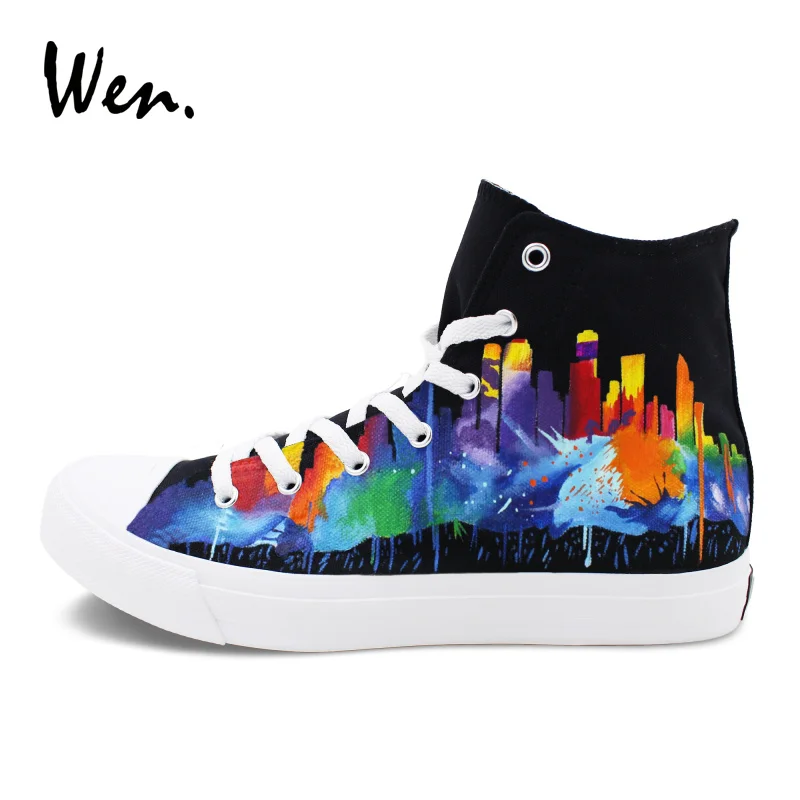 Wen Hand Painted Shoes Houston City Skyline Custom Design Graffiti Canvas Sneakers Black High Tops Lacing Plimsolls Flat Bottom | Обувь