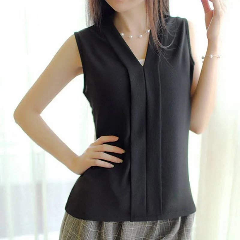 

New NEW Summer Women Chiffon Blouses Sleeveless V neck Casual Loose Office Lady Top Female Shirt Blouse S3