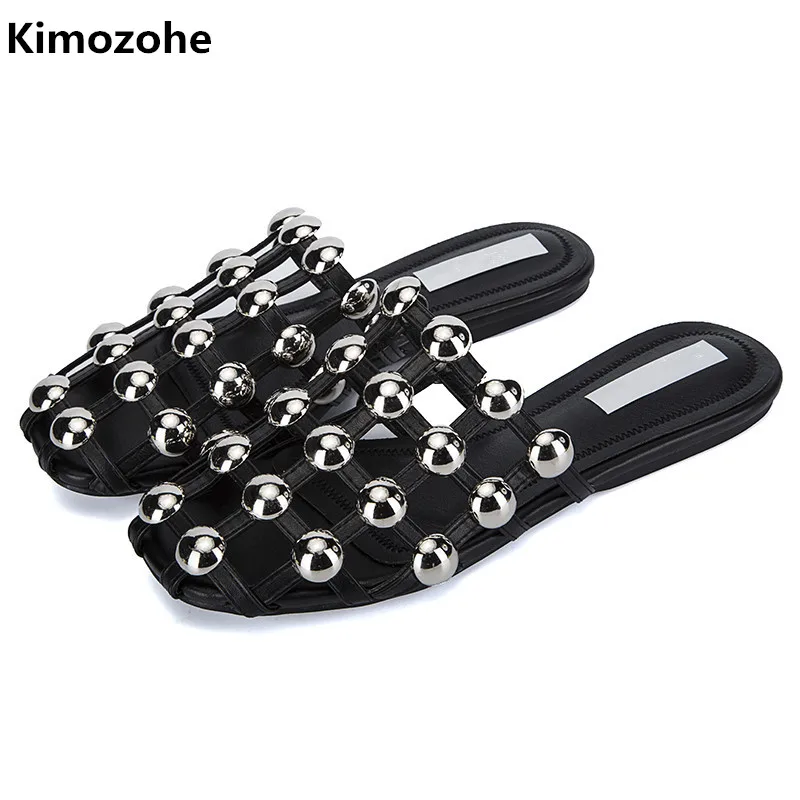 Kimozohe/сандалии шлепанцы на плоской подошве с шипами женские кожаные сандалии