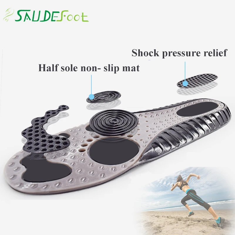 Saudefoot Sport Insoles 3D Gel Skid Resistance Shock Absorption Heel Riser Vent with U Shape Design Soft Shoes Pads