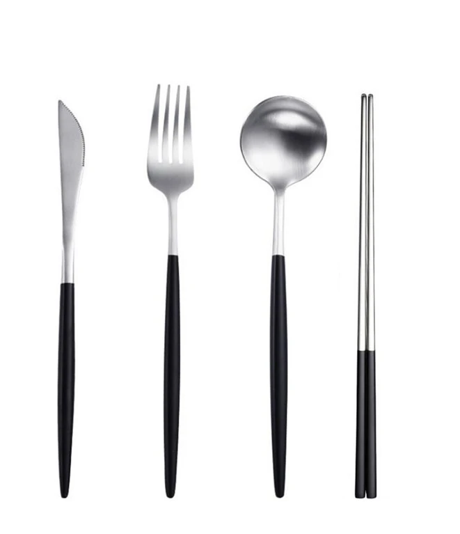 silver 4pcs set 3 Португалия с острым концом Набор столовых приборов черная ручка набор столовых приборов Золото Серебро Цвет Западная посуда вилка, нож, ложка палочки для еды - Цвет: silver 4pcs set 3