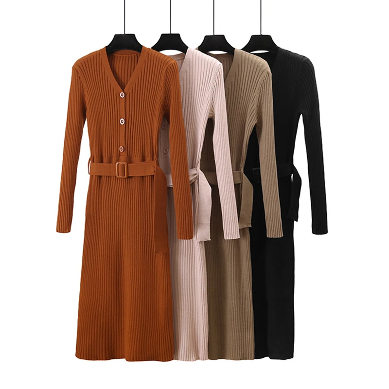 Осенне-зимнее женское теплое платье-свитер со шнуровкой до середины икры длинное