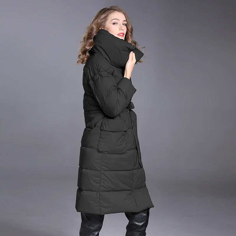 Женская парка с перьями KoHuiJoo длинная поясом 2 размера|parkas for women|down parkafashion parka |