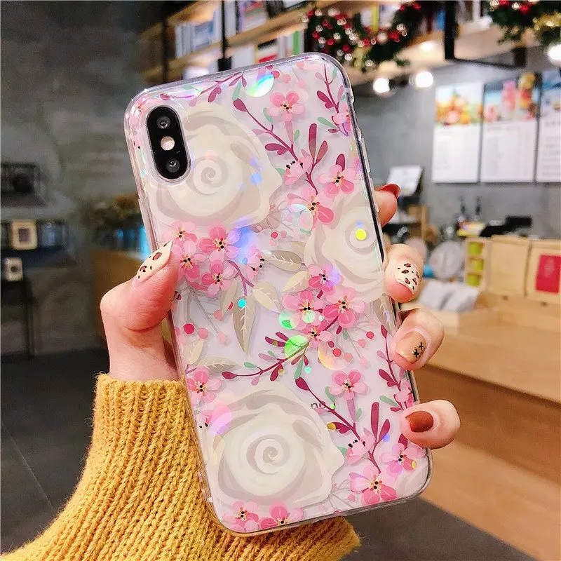 Блестящий Прозрачный чехол для телефона с цветочным рисунком iphone XS MAX XR на 6 s 7 8 Plus