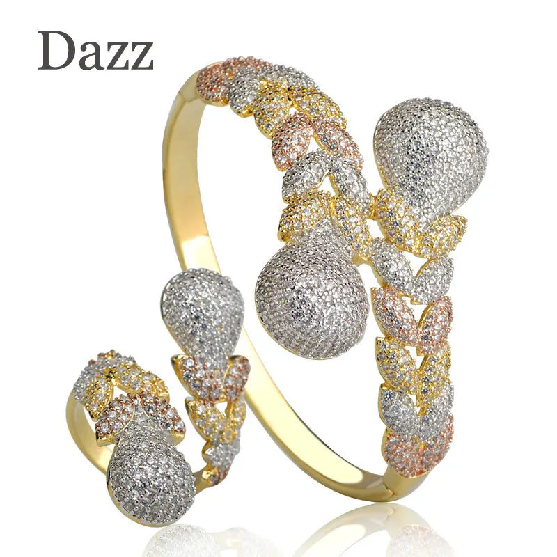 Dazz, роскошные стразы, Свадебные украшения с цирконами, наборы, три тона, цвет, медь, оплетка, форма, кольцо, браслет, набор для женщин, вечерние, Bijoux