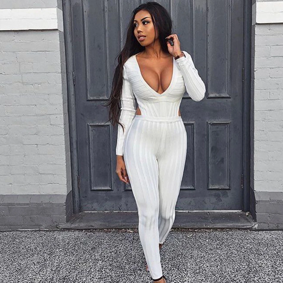 Seamyla New Fashion Women Jumpsuit 2019 Long Sleeve White V Neck Backless Clubwear Sexy Bodycon Bandage Playsuit Jumpsuits | Женская