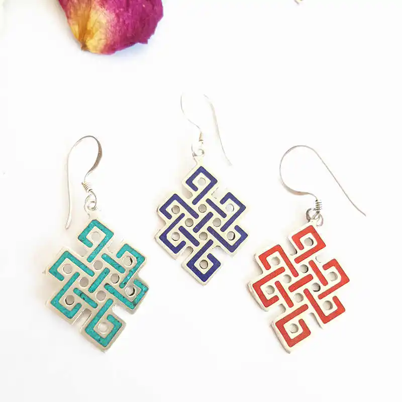 

Tibetan Endless Knots Amulet Earrings Nepal Hand Jewelry Copper Inlaid Stone Multi Colors E125