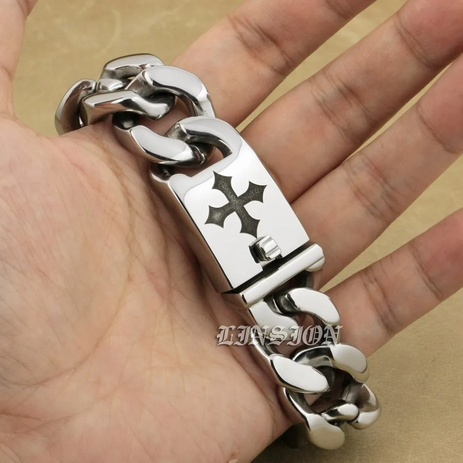 LINSION нержавеющая сталь 316 глубокая гравировка перекрестный мужской браслет