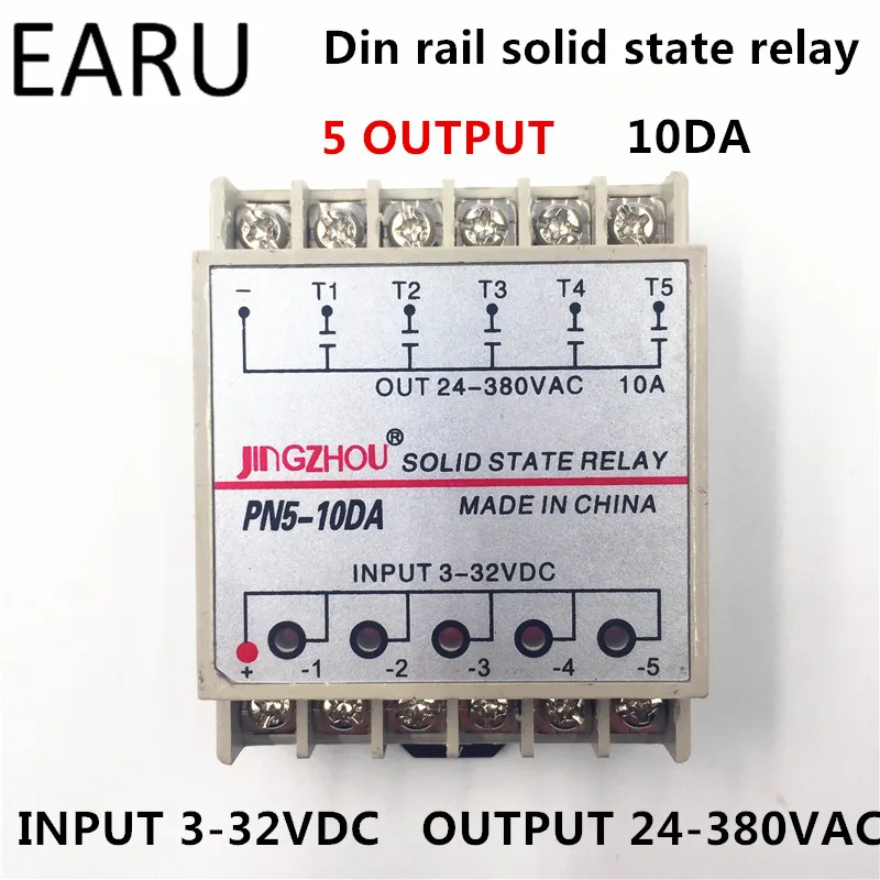 

1pc 10DA 5 Channel Din Rail SSR Quintuplicate Five input 3~32VDC Output 24~380VAC Single Phase DC Solid State Relay 10A PLC Hot