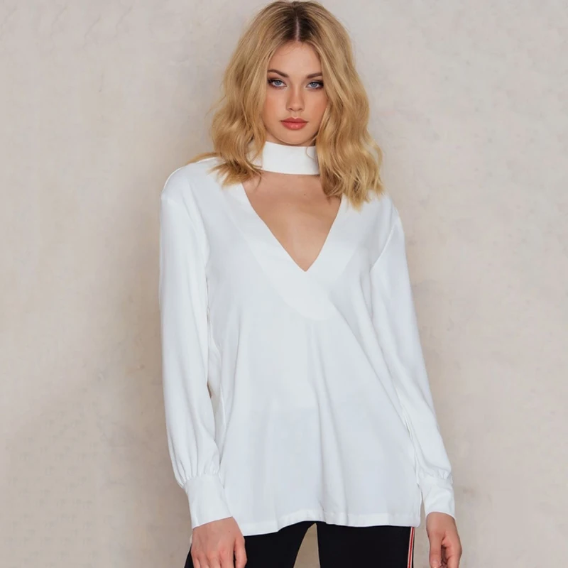 HDY Haoduoyi Sexy Lace Hollow Out Cross Back Shirts Women Deep V neck Long Sleeve Backless Solid White Female Buttons Blouses|button blouse|shirt