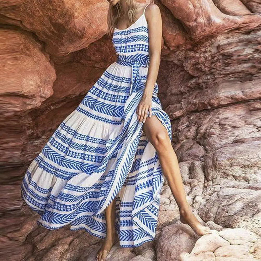 Женское платье макси в стиле бохо с v образным вырезом длинное Плиссированное