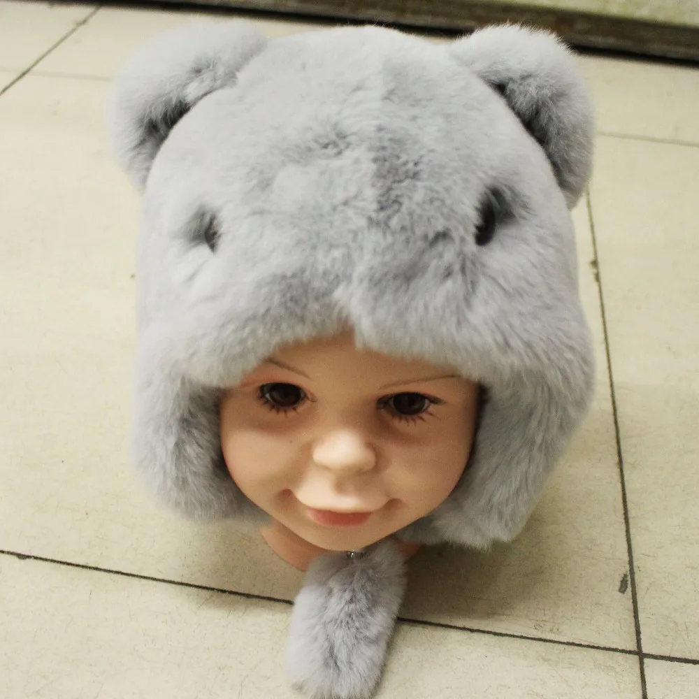 Linhaoshengyue  Natural Rex  Rabbit Skin Cap For Baby  Little Bear  Lovely and Warm