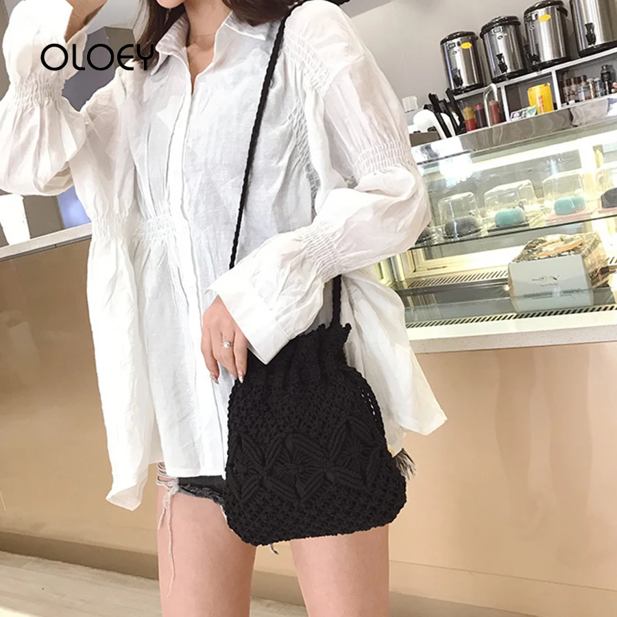 New Drawstring Women's Bucket Straw Bag Summer Woven Shoulder Bags Female Beach Handbags Travel Tote Messenger Sac | Багаж и сумки