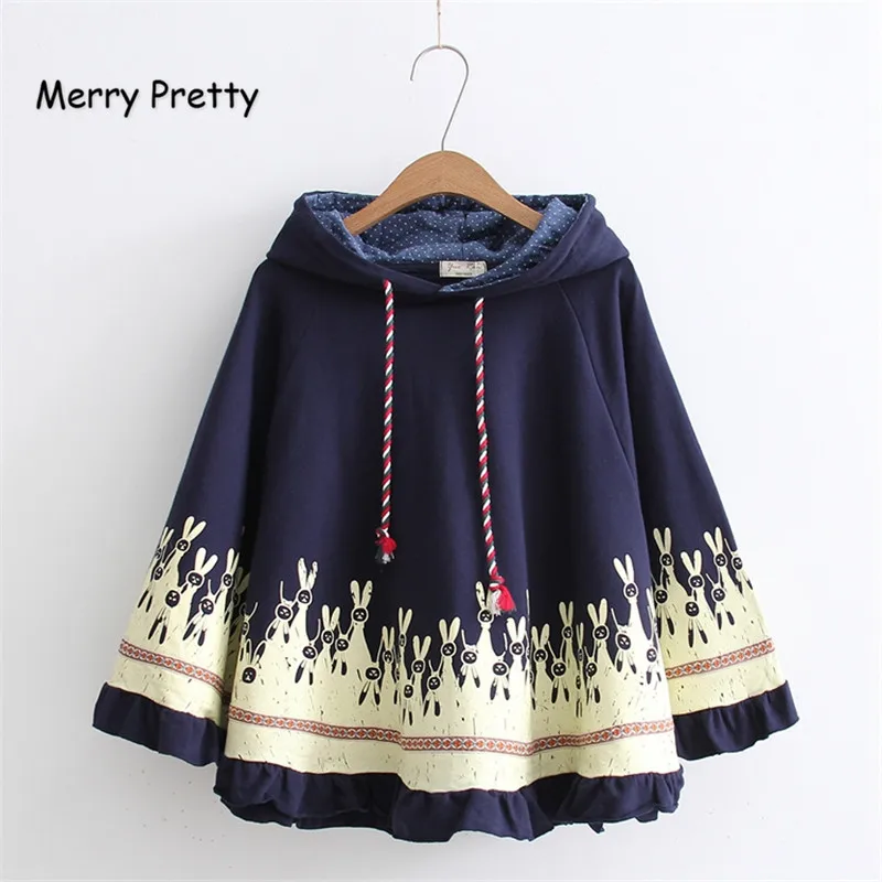 navy blue Merry Pretty, плащ, верхняя одежда для женщин, осенний, с принтом кролика, с ушками, стерео, толстовки, пальто, хлопковый пуловер, пончо, куртка, плащ, пальто с капюшоном - Цвет: navy blue