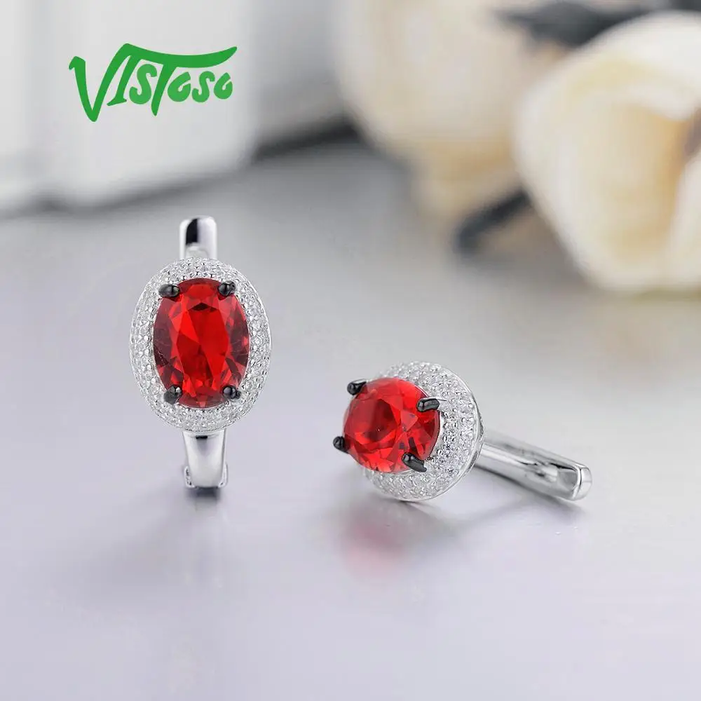 VISTOSO серьги гвоздики хорошее ювелирное изделие круглый красный кристалл белый