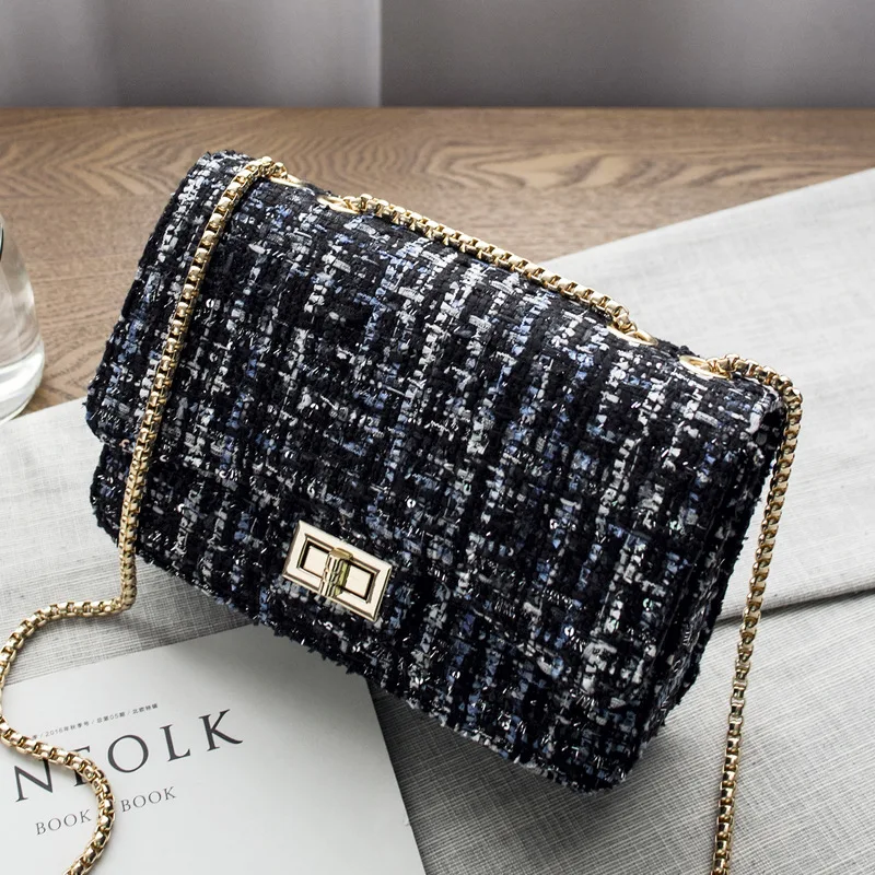 Jollque Women Messenger Gold Chain Cross Handbag Small Flap Shoulder Bags Vintage Clutch Winter Satchel Woolen Crossbody Bag | Багаж и