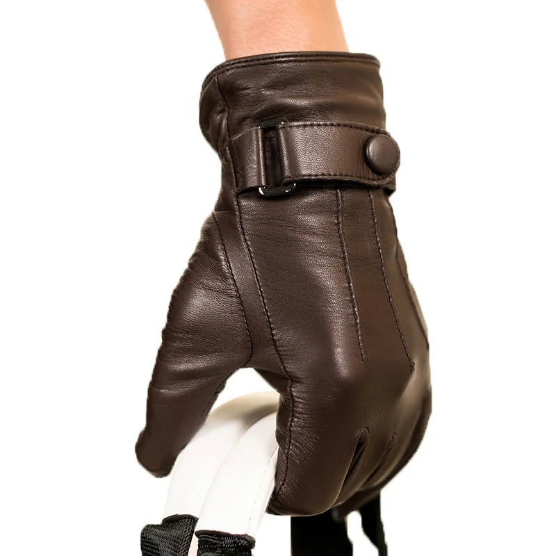 Мужские перчатки из натуральной овечьей кожи черные с ремнем для сенсорного