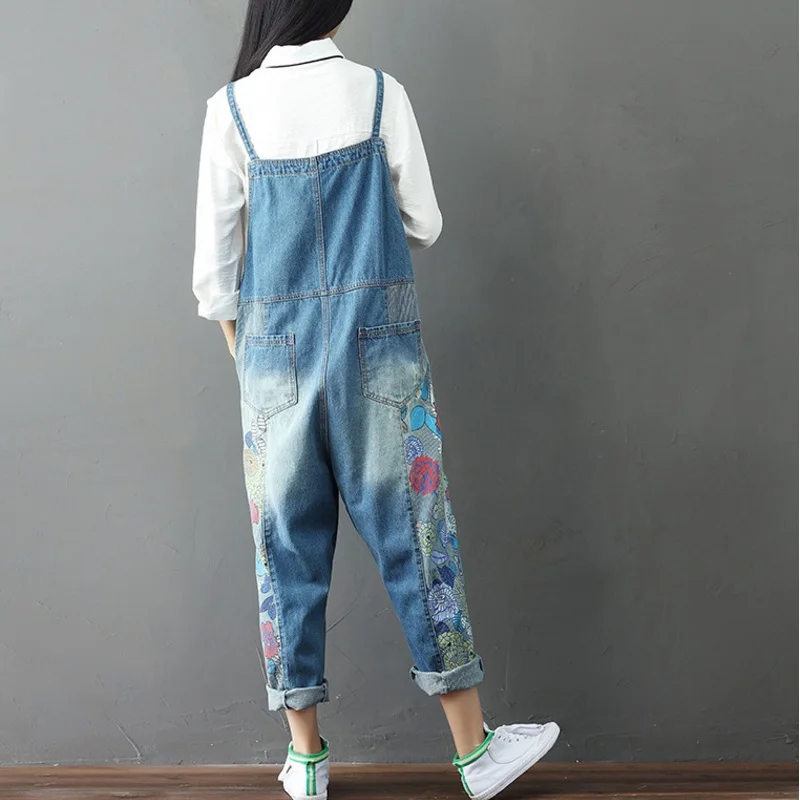 YDHR New Casual Denim Full Length Jumpsuits 2019 Summer Loose Patchwork Vintage Print 2 Colors Women y94 | Женская одежда