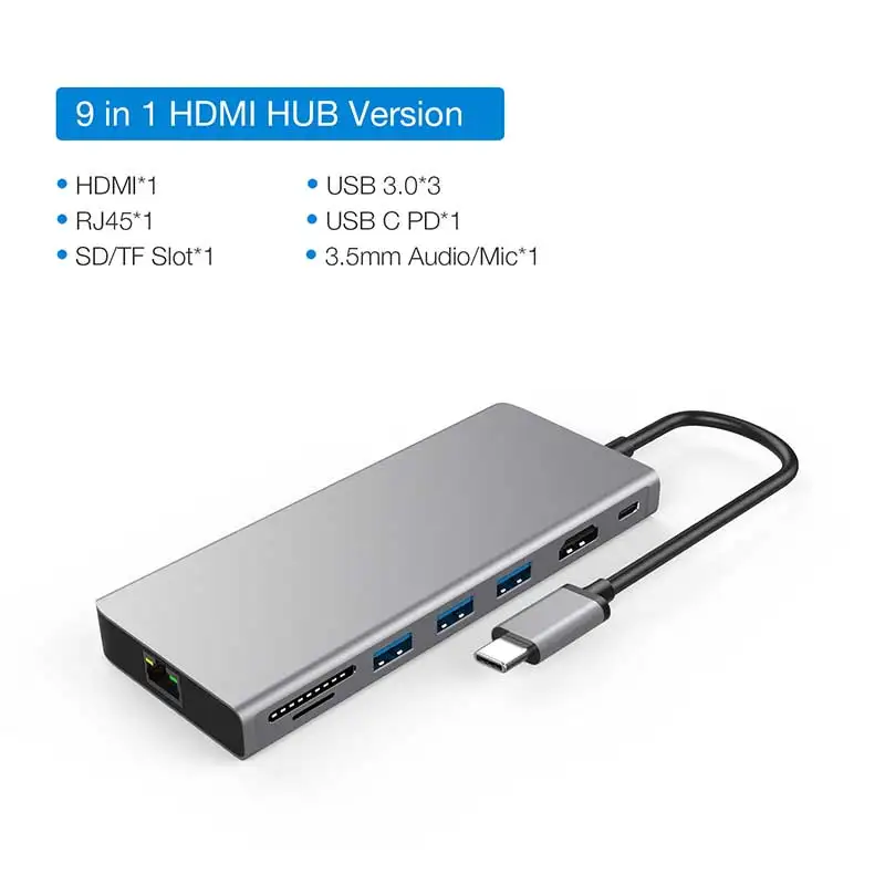 Серый JZYuan USB док-станции для ноутбука USB C-HDMI 4K Gigabit Ethernet USB 3,0 type C зарядная док-станция для Macbook Pro huawei P20 Pro - Цвет: Серый