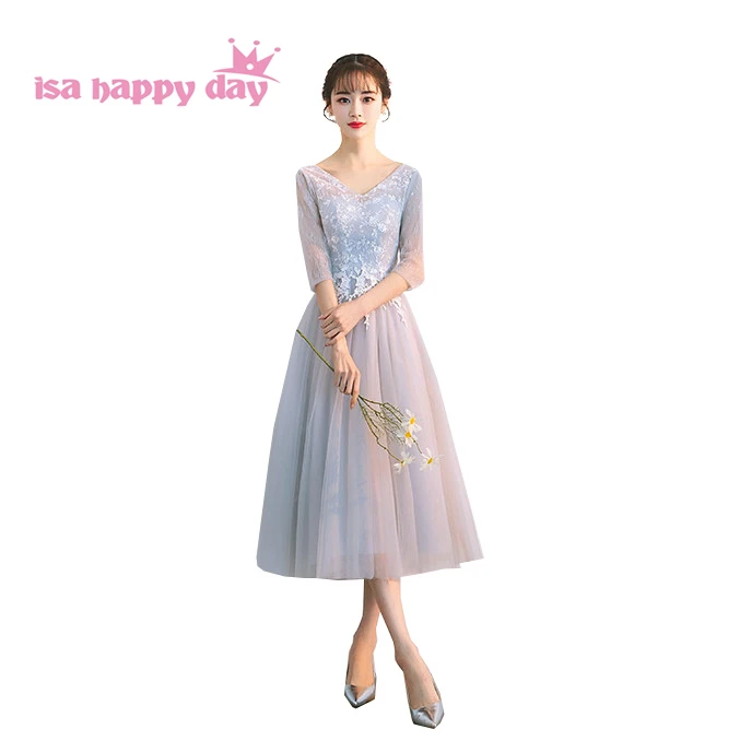 Серое подростковое элегантное кружевное платье с v образным вырезом для