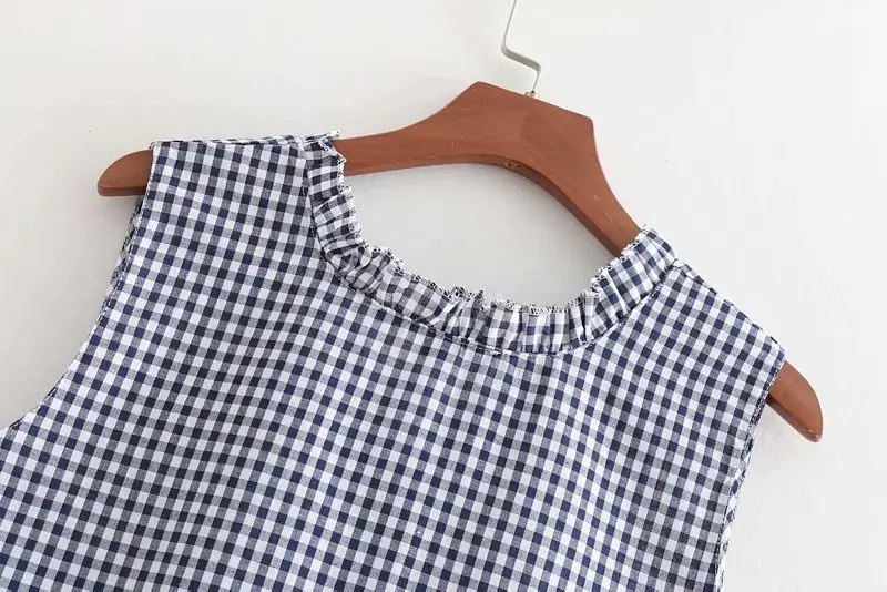 2018 women sweet sleeveless ruffles back v plaid vest blouse office shirt hem hollow out embroidery femininas blusas tops LS2320 |