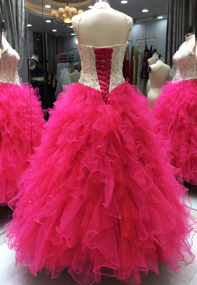 Ярко-розовые платья Quinceanera бальное платье для выпускного вечера 2018 украшенное