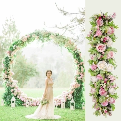 

Exellent 3 meters long Pink roses with grass green Wedding Flower Wall Artifical Silk Flower Backdrop Wedding Decoration
