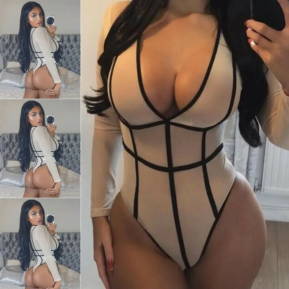 Новинка женское Сетчатое боди с длинным рукавом и глубоким v-образным вырезом