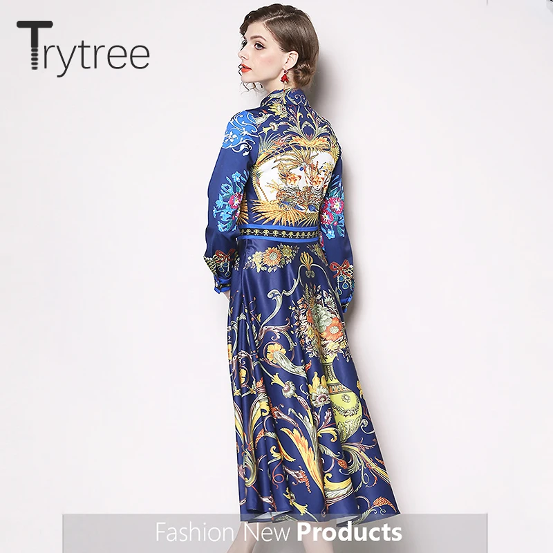 Trytree/осеннее платье элегантное Шелковистое ТРАПЕЦИЕВИДНОЕ женское рубашка с