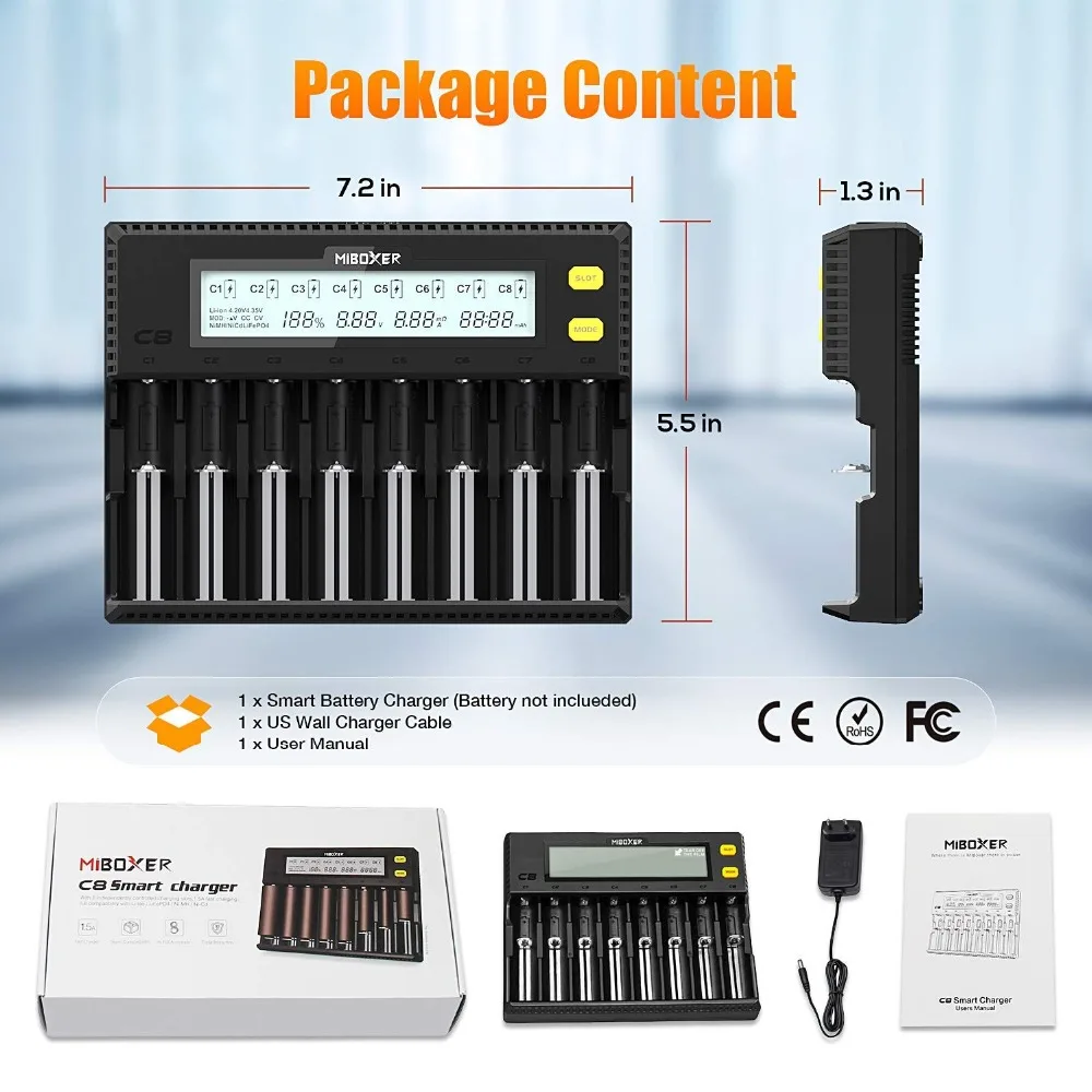Зарядное устройство 18650 Miboxer 8 слотов 4 слота ЖК дисплей 1.5A для Li Ion LiFePO4 Ni MH Cd AA 21700