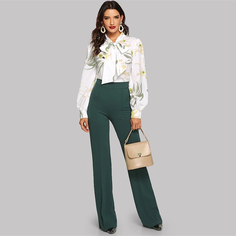SHEIN Цветочный Топ С Длинным Рукавом Женские Современные Элегантные Блузки С Длинным Рукавом С V-образным Вырезом