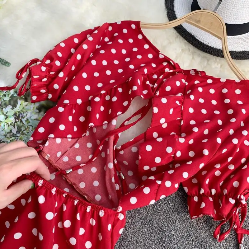 ALPHALMODA Seashore, ретро платья, v-образный вырез, короткий рукав, с оборками, с открытой спиной, сексуальные женские платья в горошек