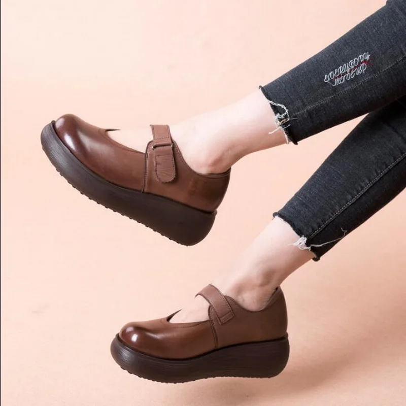 RUSHIMAN Flat Platform Woman Shoe Handmade Genuine Leather Flats literary vintage Soft Comfortable Shoes For Women Ladies Shoes