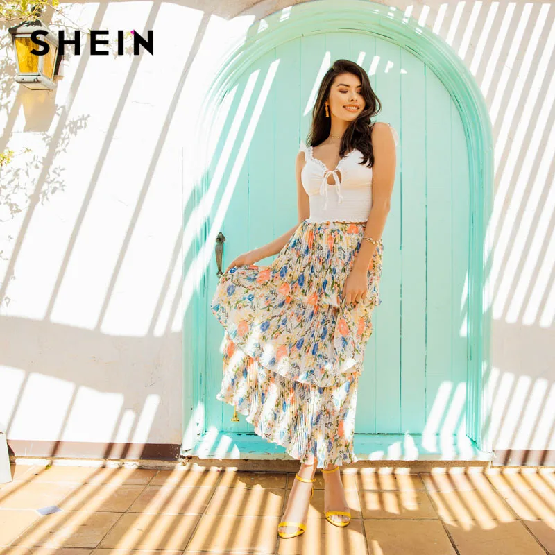 SHEIN Юбка С Оборками И Цветочным Принтом, Летняя Юбка С Эластичной Талией