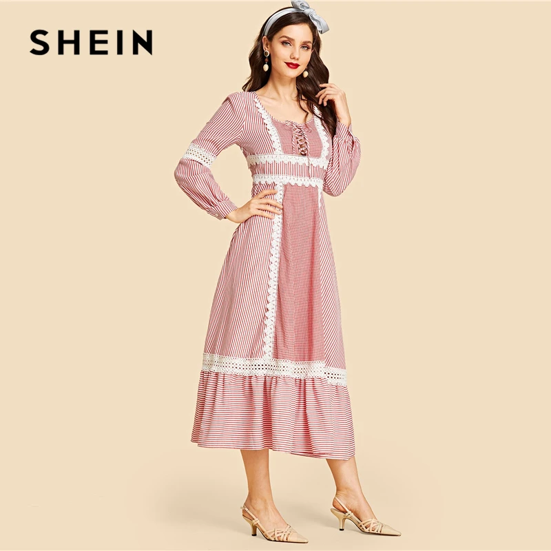SHEIN Макси Платье В Стиле Кантри, Длинное Платье С Ажурными Вставками, Макси Платье В Полоску