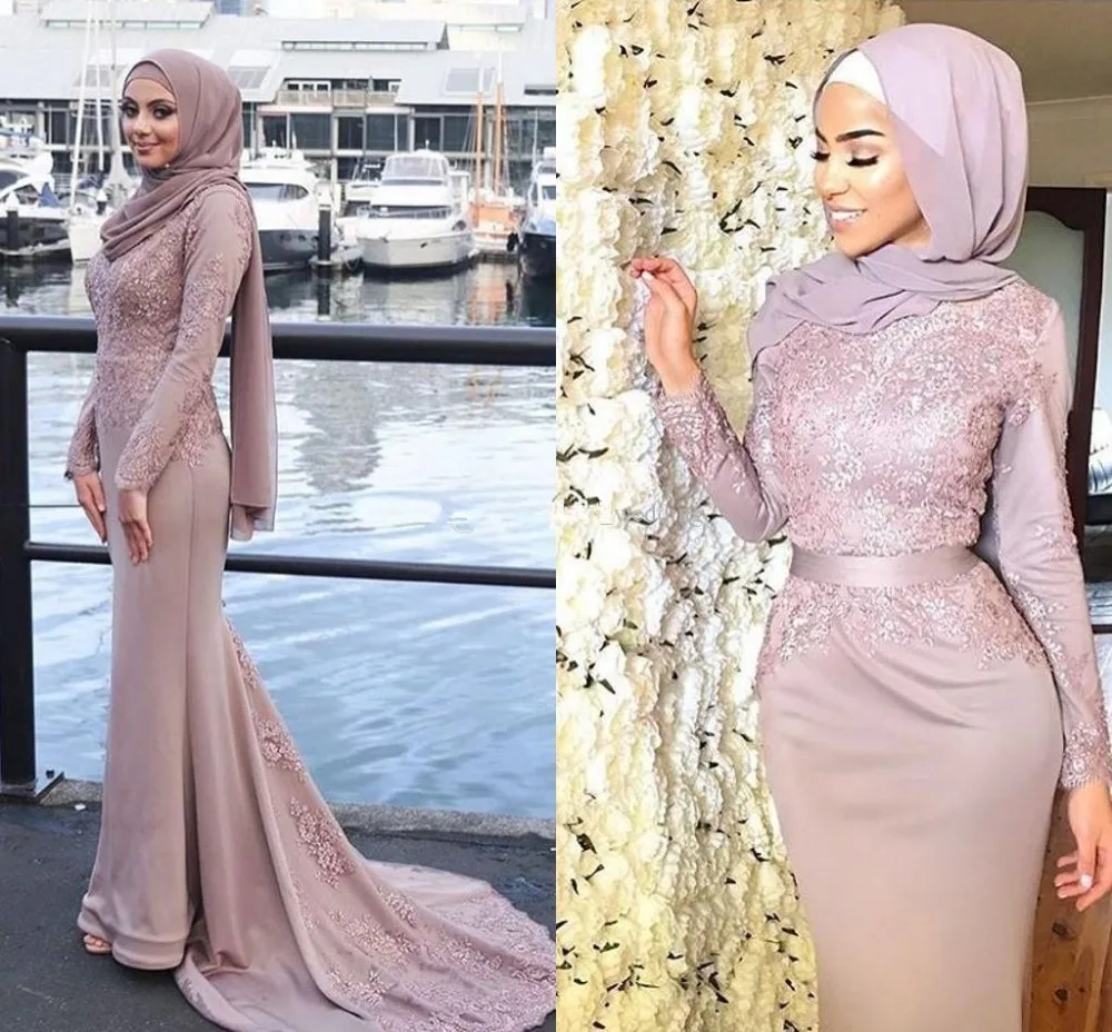

Formal Muslim Evening Dresses Mermaid Long Sleeves Appliques Scarf Islamic Dubai Saudi Arabic Long Elegant Evening Gown