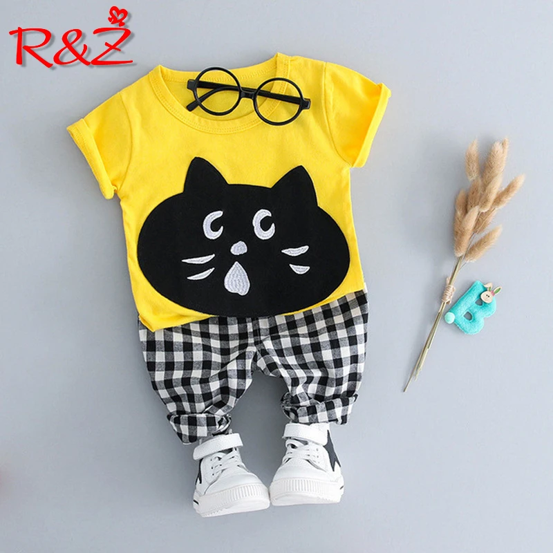 

R&Z children's suit 2019 summer new boys and girls cotton suit cartoon cat round neck short-sleeved plaid shorts two-piece