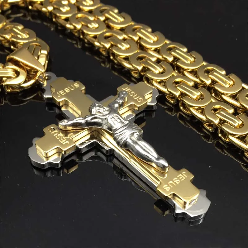 1pcs Exquisite Crucifix Jesus Cross Necklace Stainless Steel Christs Pendant Gold Byzantine Chain Men Necklaces Jewelry Gifts 24 | Украшения