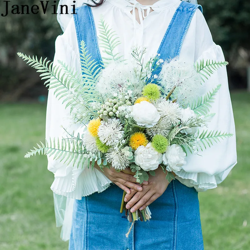 Винтажный букет невесты JaneVini белая ассиметричная ручка букета в виде одуванчика