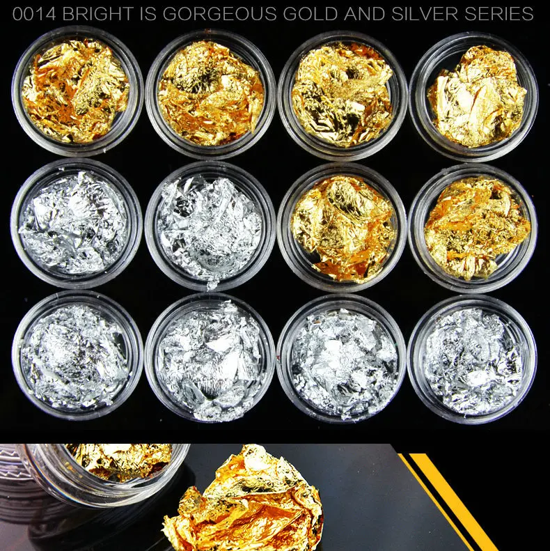 12 шт. золотые наклейки для ногтей Серебряный блесток чешуйки чип нейл арта Фольга