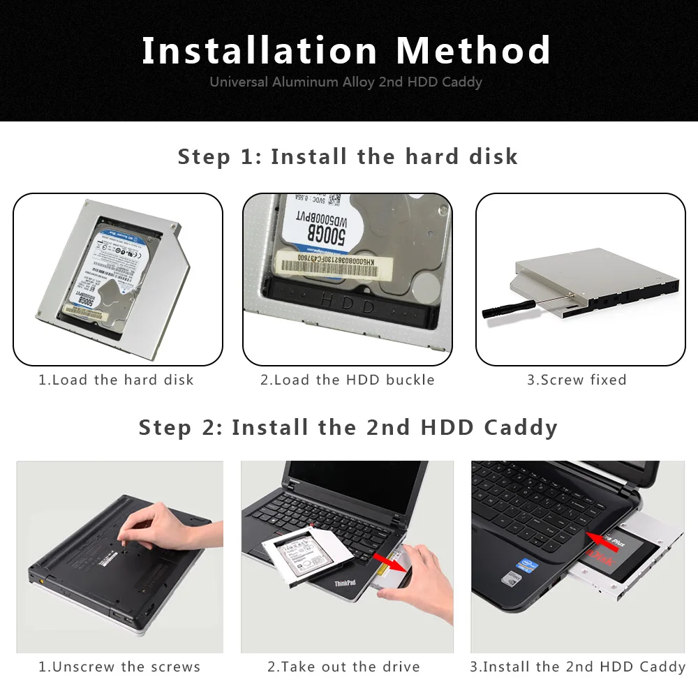 Sunvalley 12,7 мм Универсальный алюминиевый сплав 2nd HDD Caddy IDE to SATA 2," HDD SSD чехол DVD/CD-ROM Оптический отсек для ноутбука