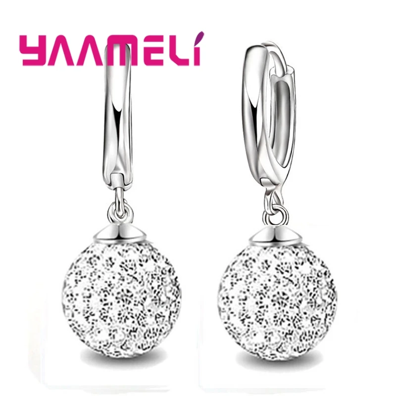 White Лучшие продажи, 925 пробы серебряные блестящие хрустальные серьги-кольца с шариком, ювелирные изделия,, Прямая поставка, Женские Ювелирные изделия - Окраска металла: White