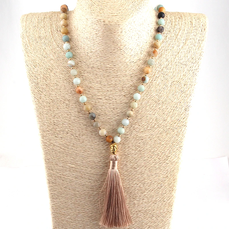 Fashion Bohemian Tribal Beige Tassel Yoga Jewelry Amazonite Stone Buddha Necklace For Women Lariat Necklaces | Украшения и
