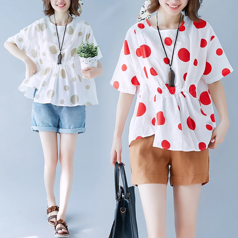 Fashion Polka Dot Blouses Shirts Women Summer Clothing Oversized Loose Cute Blouse Plus Size Irregular Slit Tops 2018 Female |