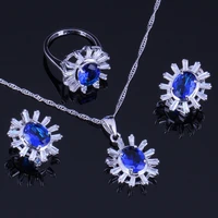 jolly blue cubic zirconia white cz silver plated jewelry sets earrings pendant chain ring v0245