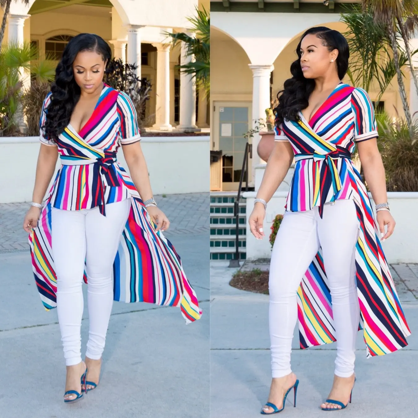 2019 новые женские летние с треугольным вырезом коротким рукавом в полоску ремнями