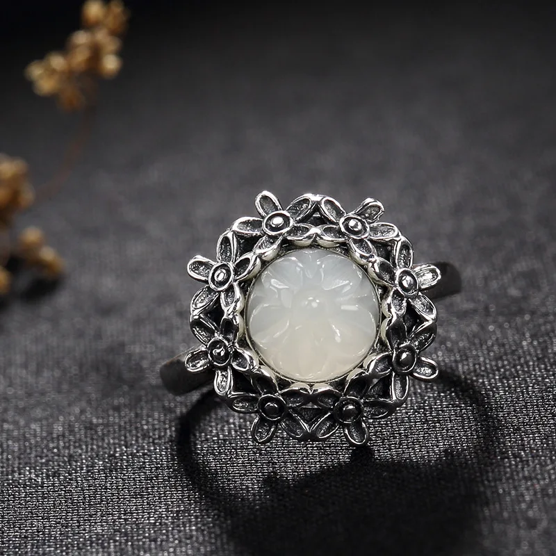 

One deer silver S925 pure silver antique mosaic and Tian Yu White Jade Flower lady high-end open ring ring wholesale